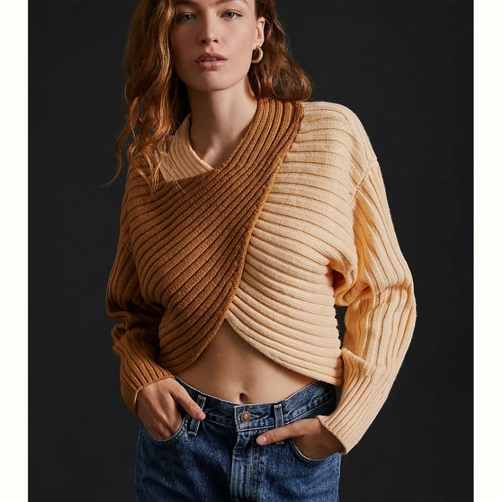 Anthropologie Ribbed Sweater in Tan and Brown
